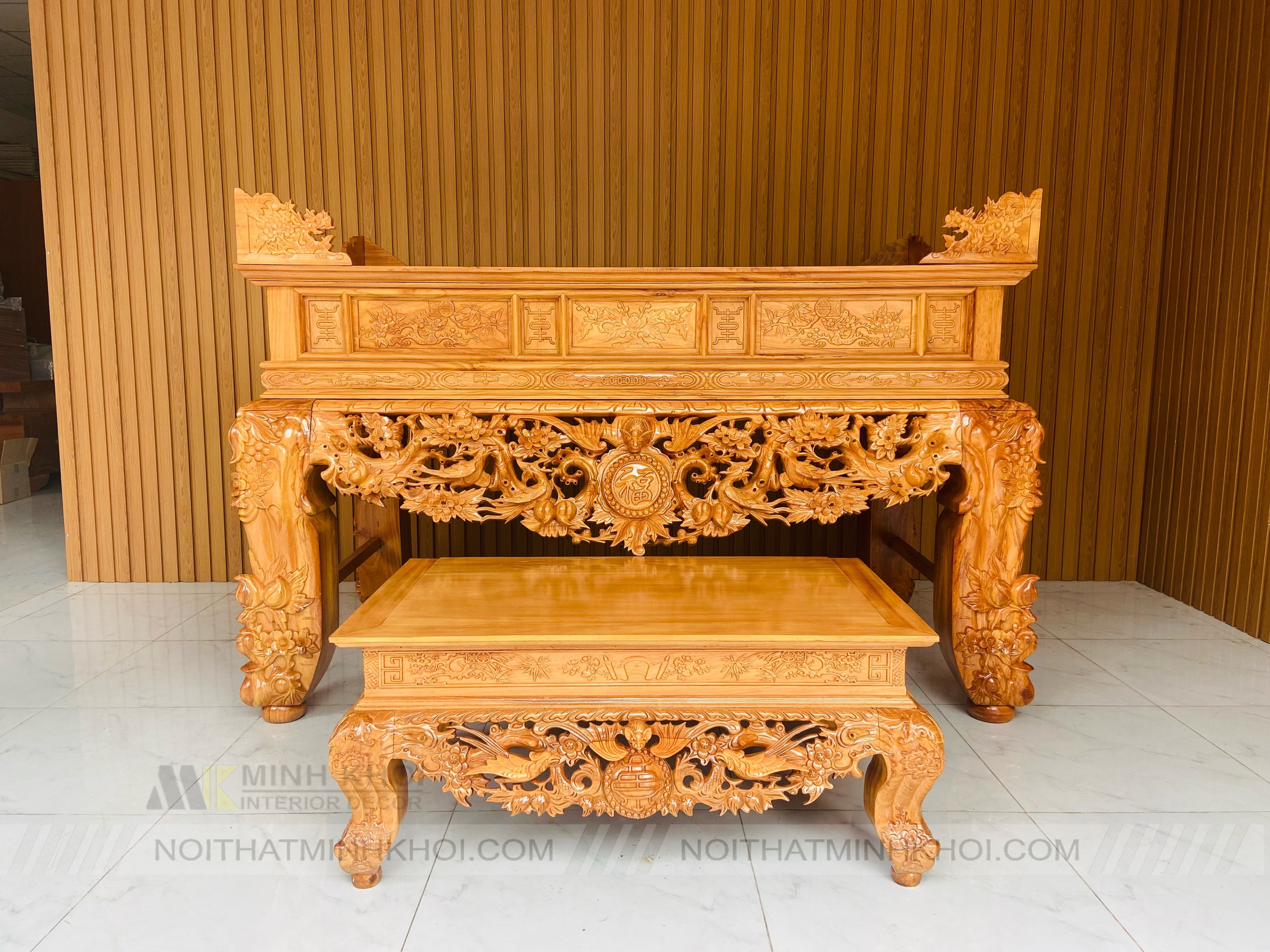 Sập Thờ Gõ 1m97 Chạm Mai Điểu - BT904