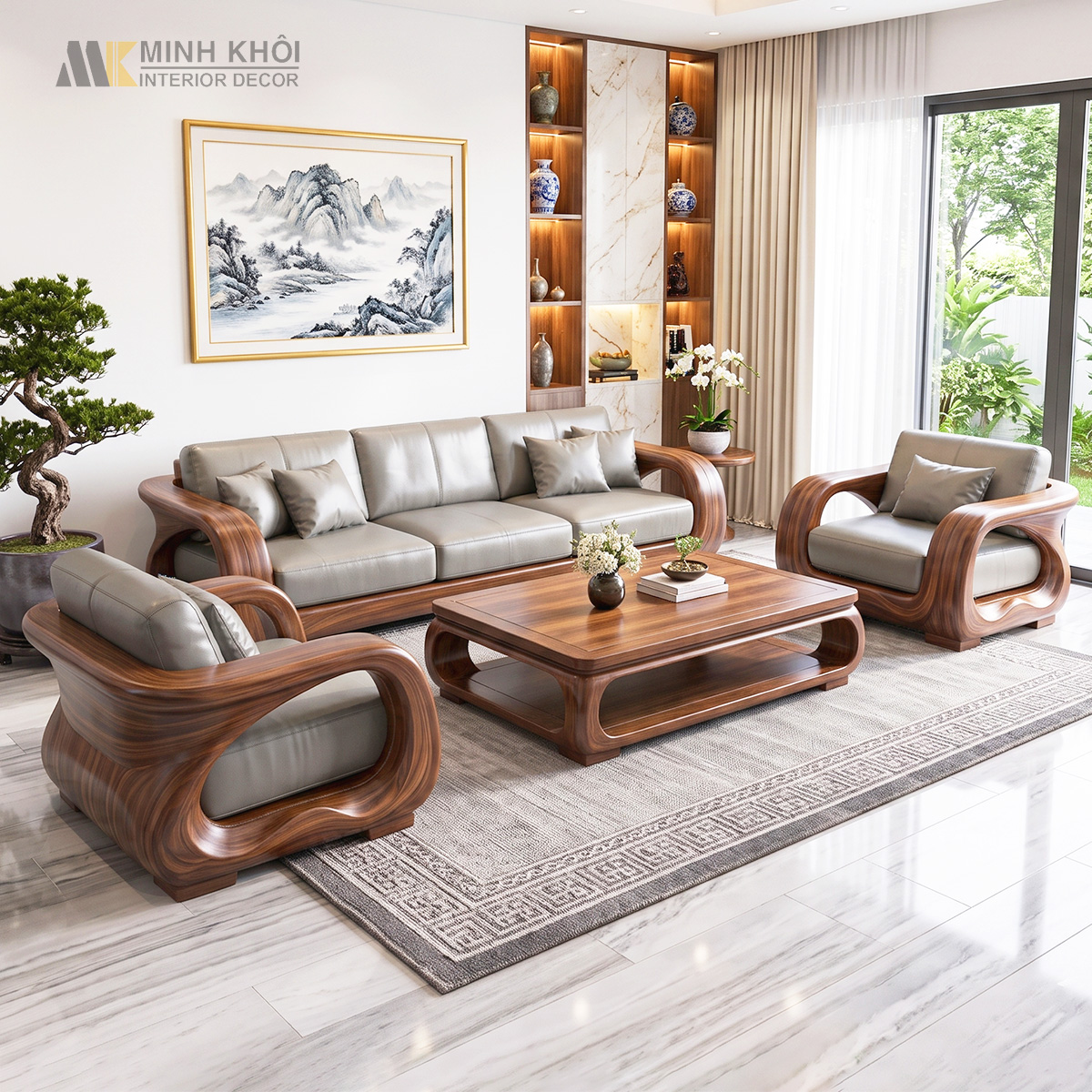 Sofa Gỗ Gõ Đỏ Hiện Đại Tay Bo Oval - SF863