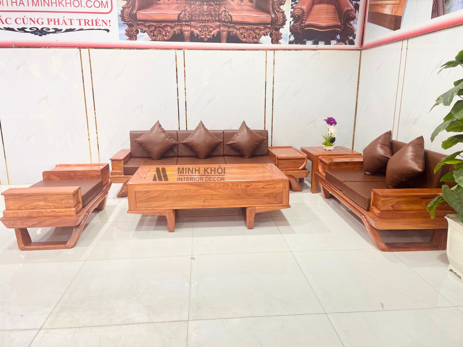 Sofa Gỗ Hương Đá Chân Chéo 5 Món Cao Cấp - SF969