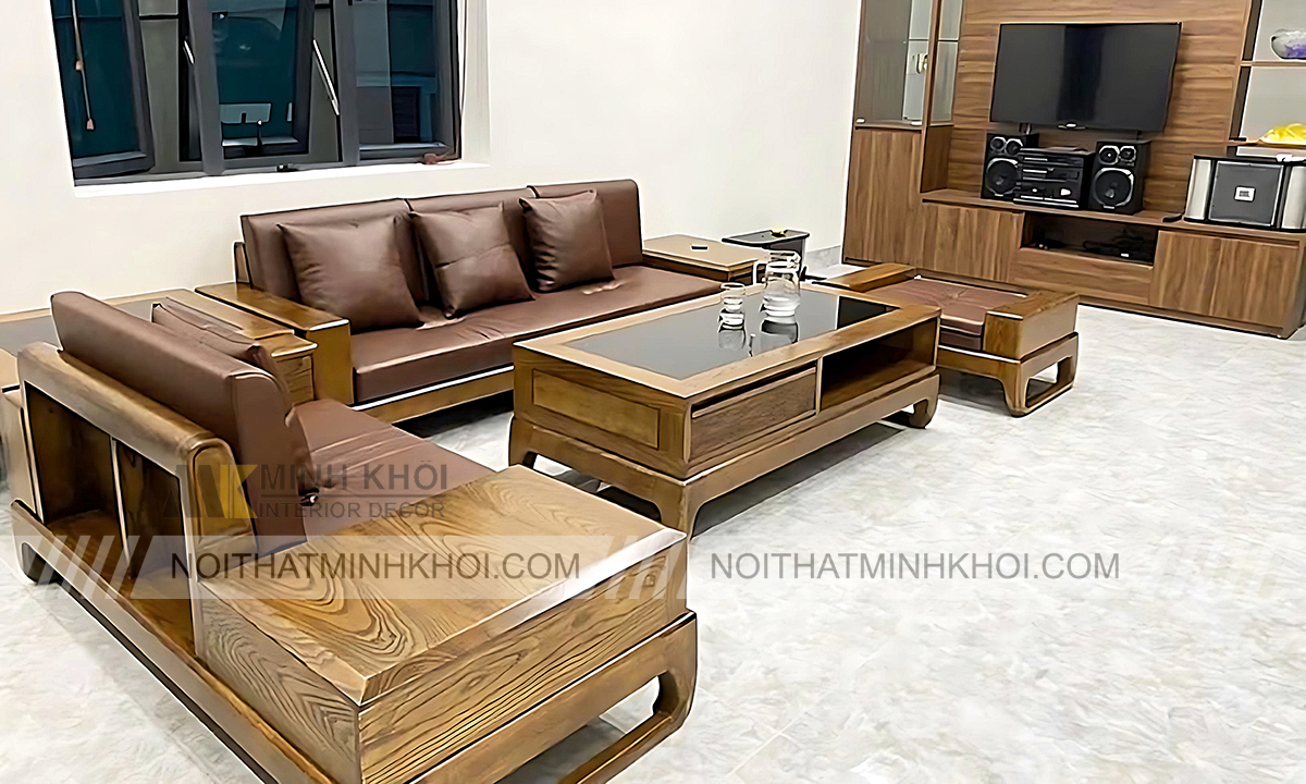 Sofa gỗ nguyên khối hình chữ L sang trọng