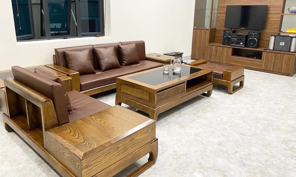 Sofa gỗ nguyên khối hình chữ L sang trọng