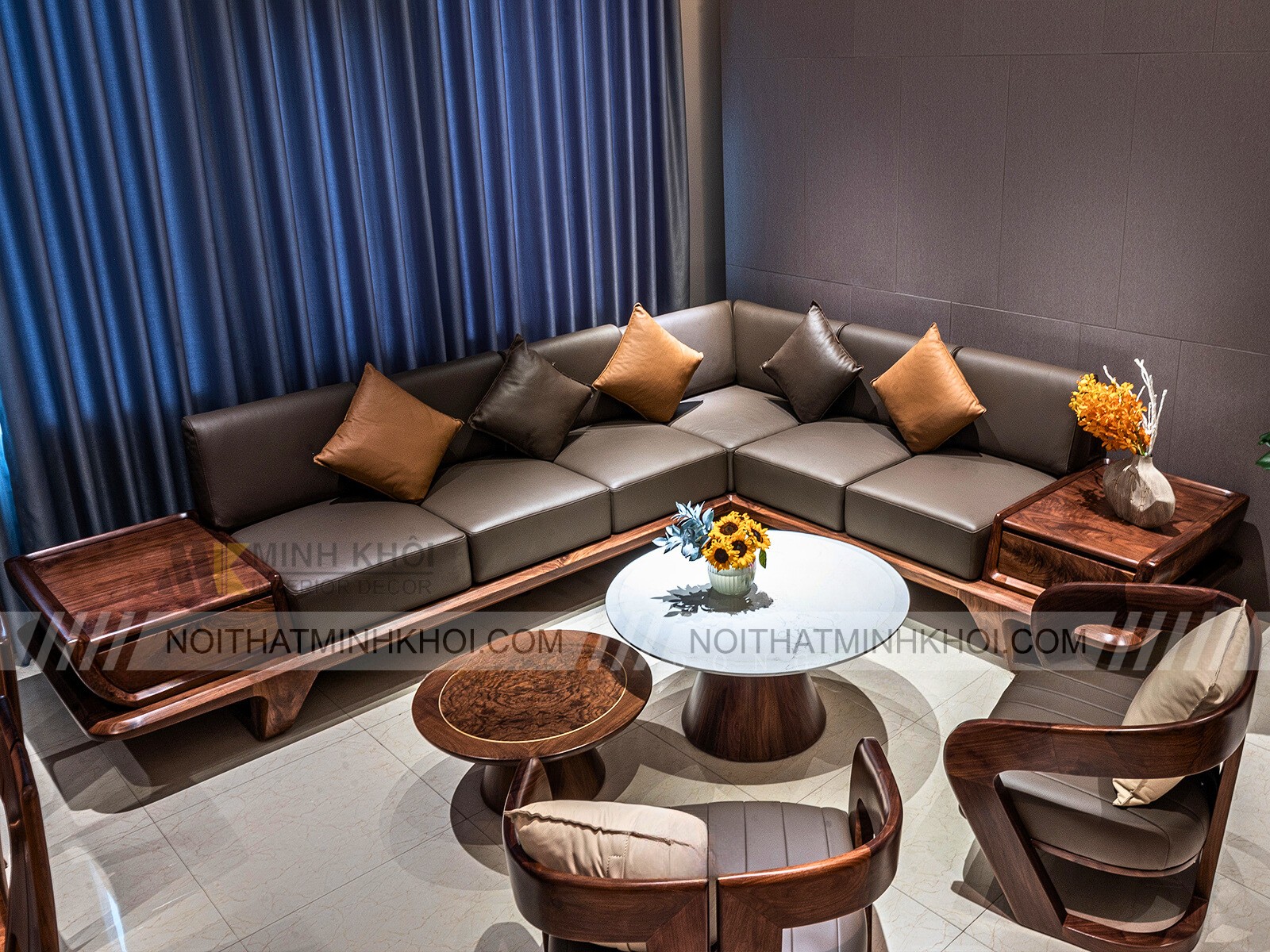 Sofa Gỗ Óc Chó Chữ L Cao Cấp - SF965