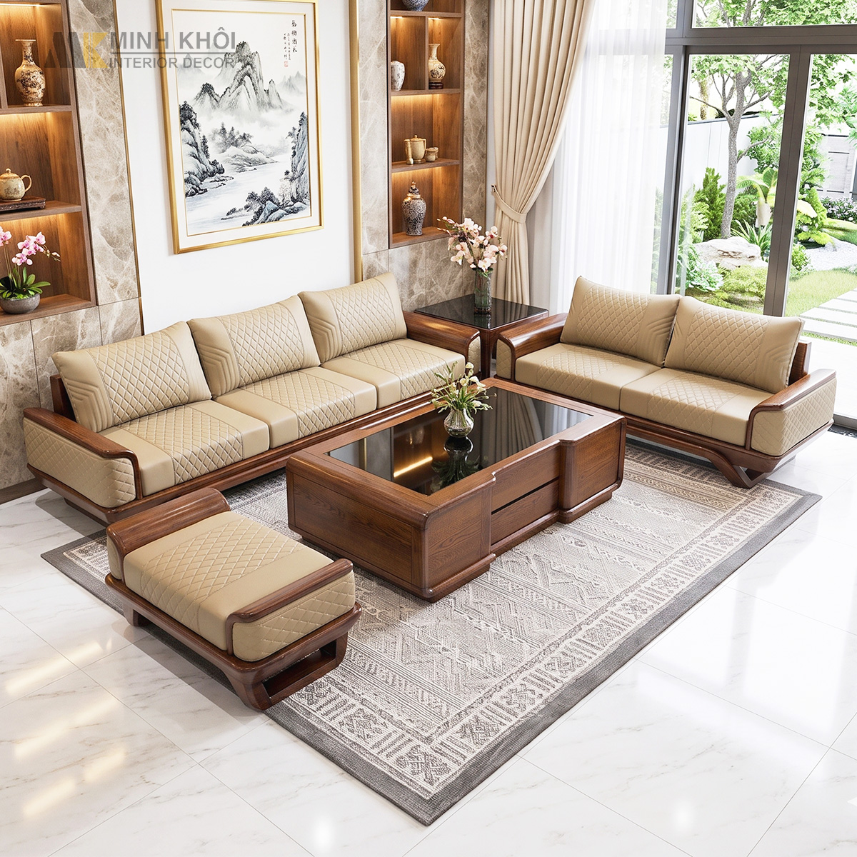 Sofa Gỗ Sồi Màu Óc Chó Viền Bọc Da - SF876