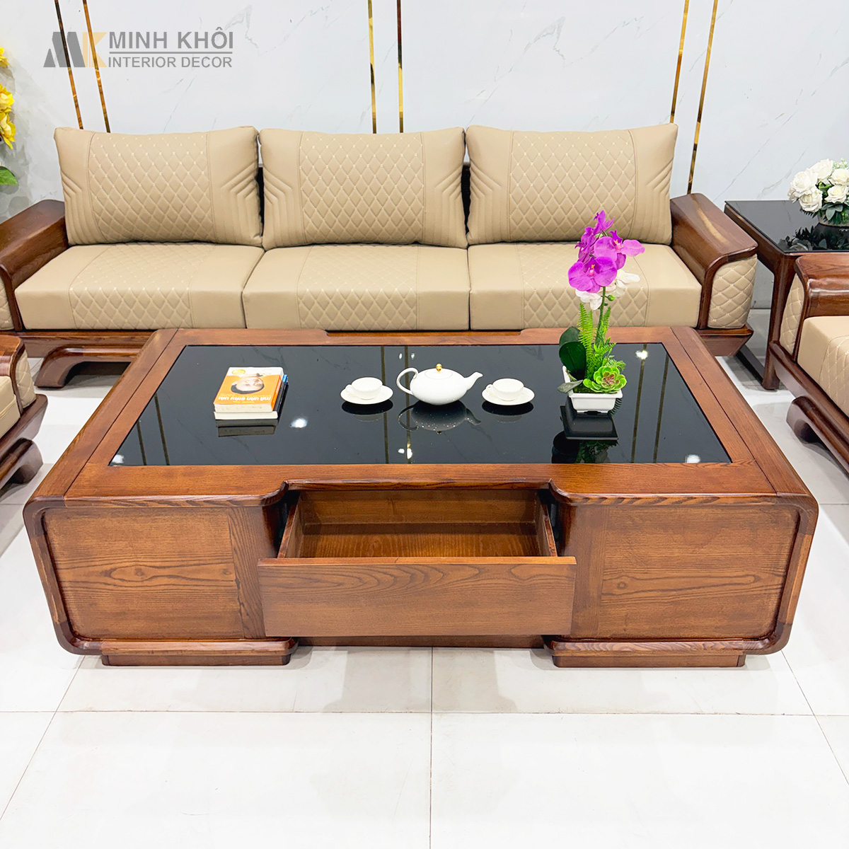 Sofa Gỗ Sồi Màu Óc Chó Viền Bọc Da - SF876