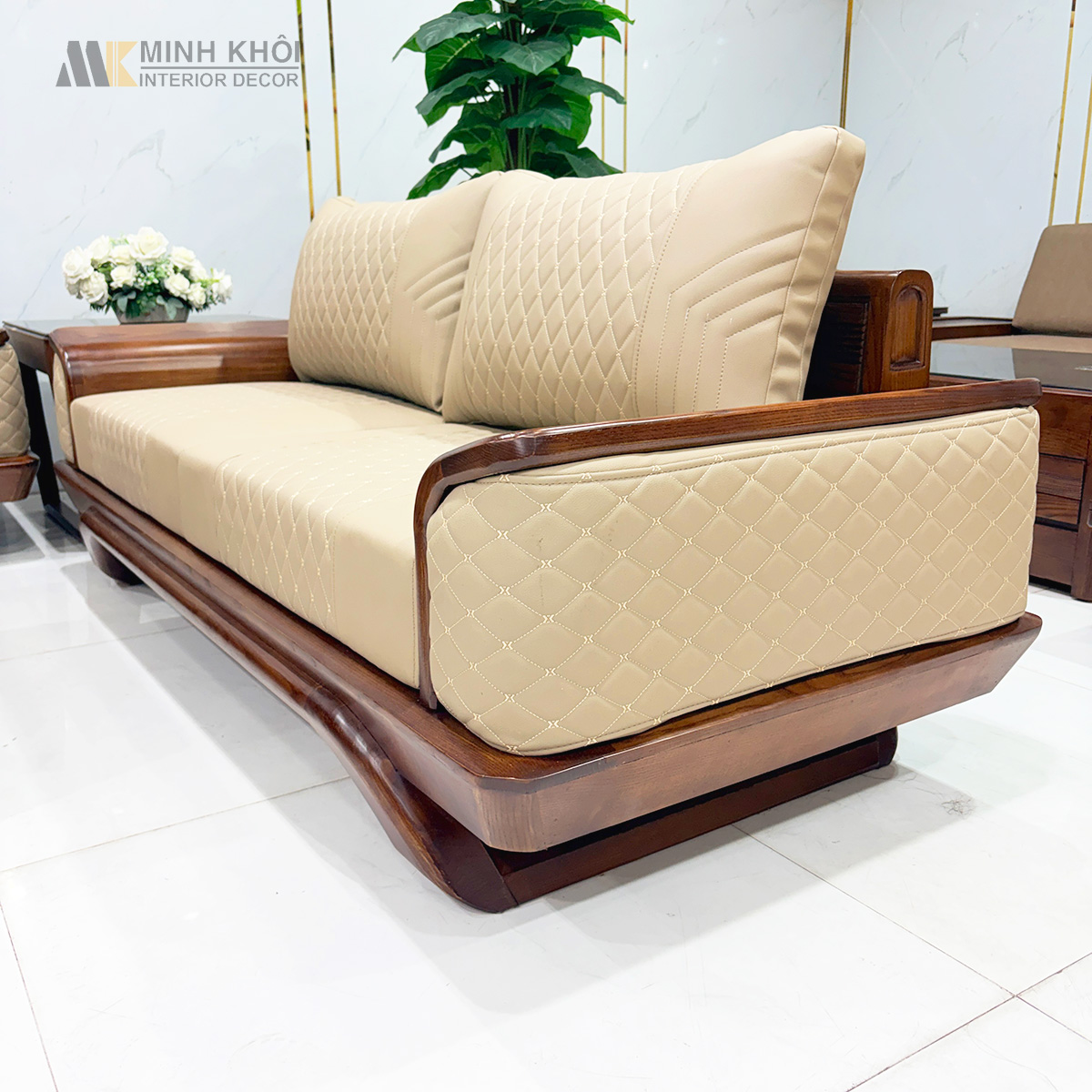 Sofa Gỗ Sồi Màu Óc Chó Viền Bọc Da - SF876