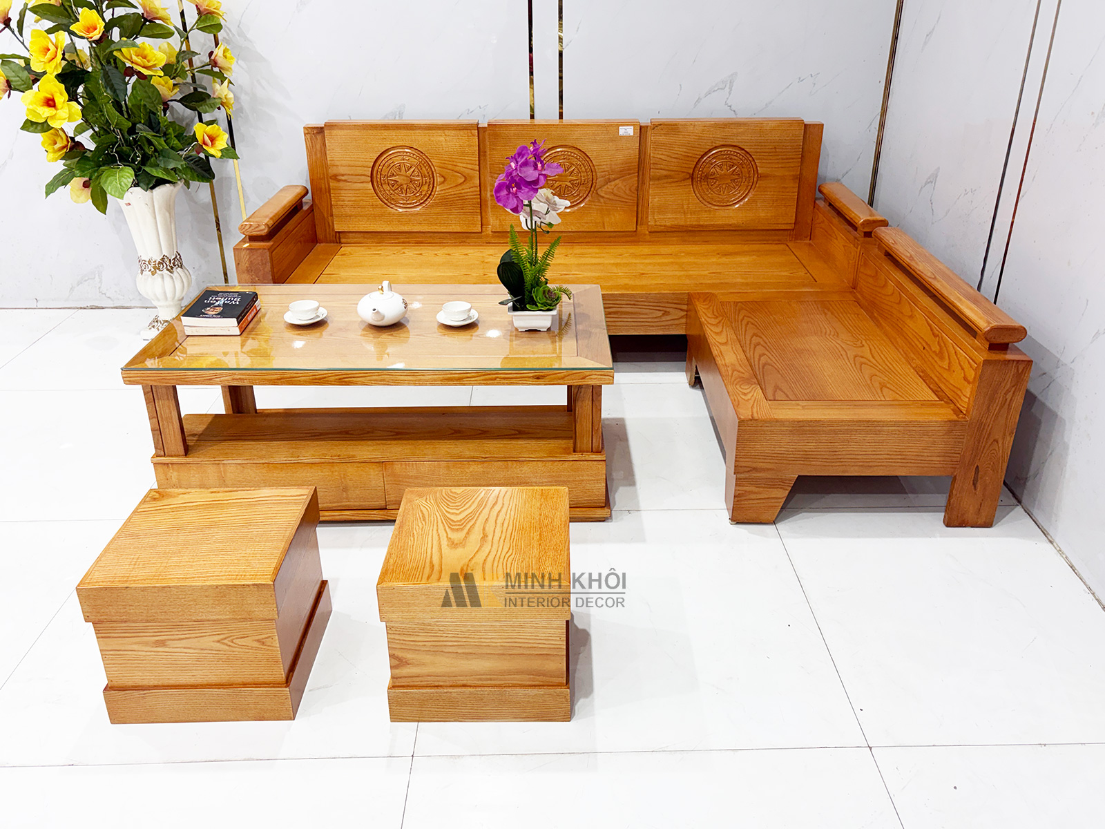 Bộ Bàn Ghế Sofa Gỗ Sồi Góc L 5 Món - SF245