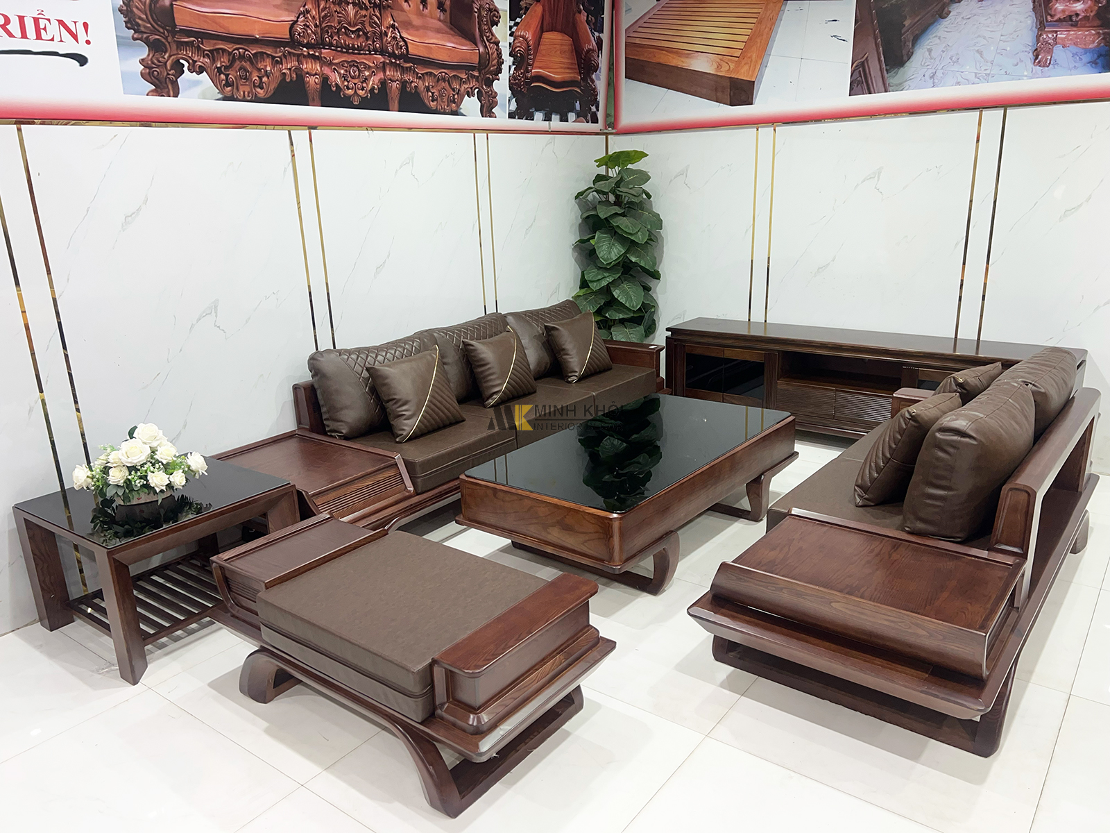 Sofa Gỗ Sồi Màu Óc Chó 5 Món Chân Thuyền Có Nệm - SF2021-9052