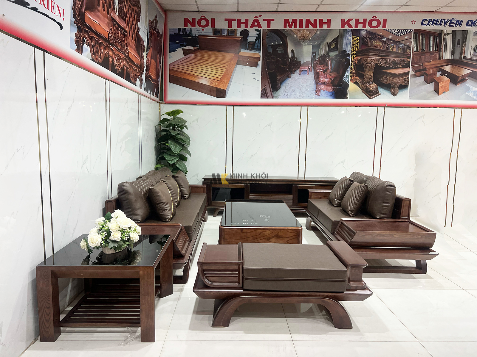 Sofa Gỗ Sồi Màu Óc Chó 5 Món Chân Thuyền Có Nệm - SF2021-9052