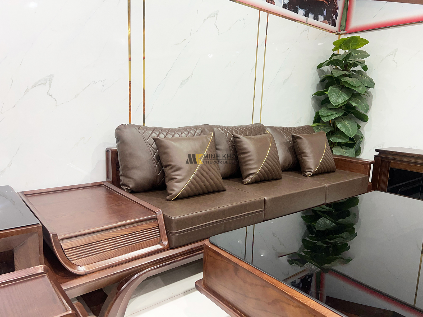 Sofa Gỗ Sồi Màu Óc Chó 5 Món Chân Thuyền Có Nệm - SF2021-9052