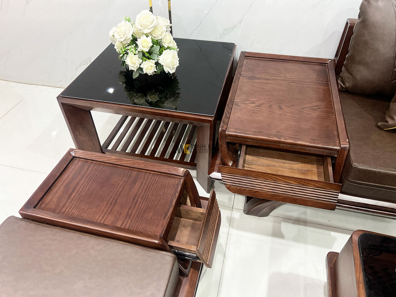 Sofa Gỗ Sồi Màu Óc Chó 5 Món Chân Thuyền Có Nệm - SF2021-9052