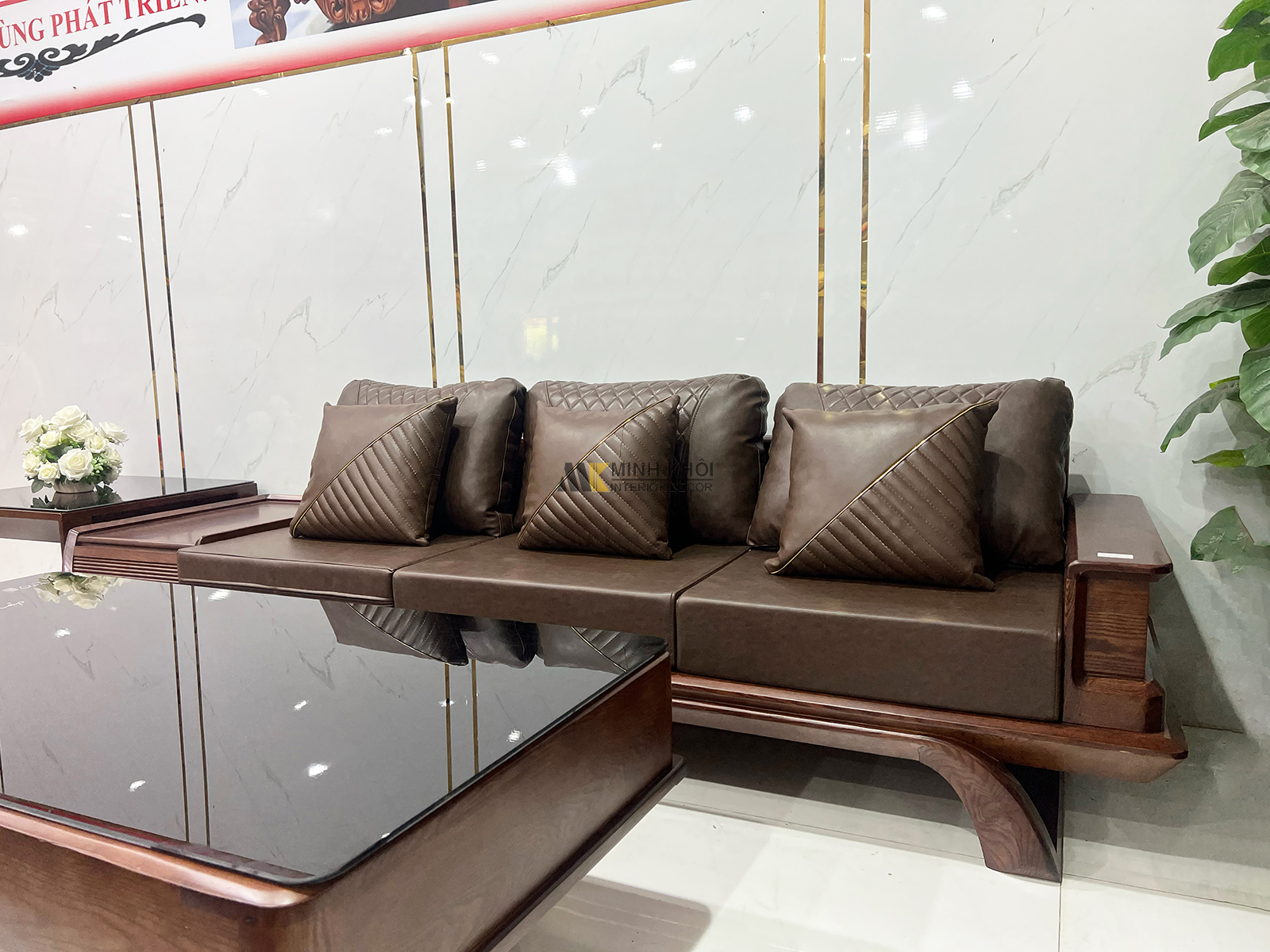 Sofa Gỗ Sồi Màu Óc Chó 5 Món Chân Thuyền Có Nệm - SF2021-9052