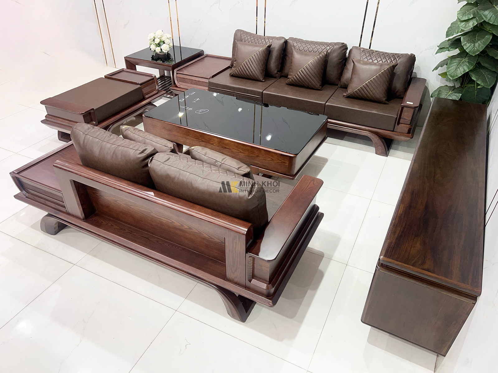 Sofa Gỗ Sồi Màu Óc Chó 5 Món Chân Thuyền Có Nệm - SF2021-9052