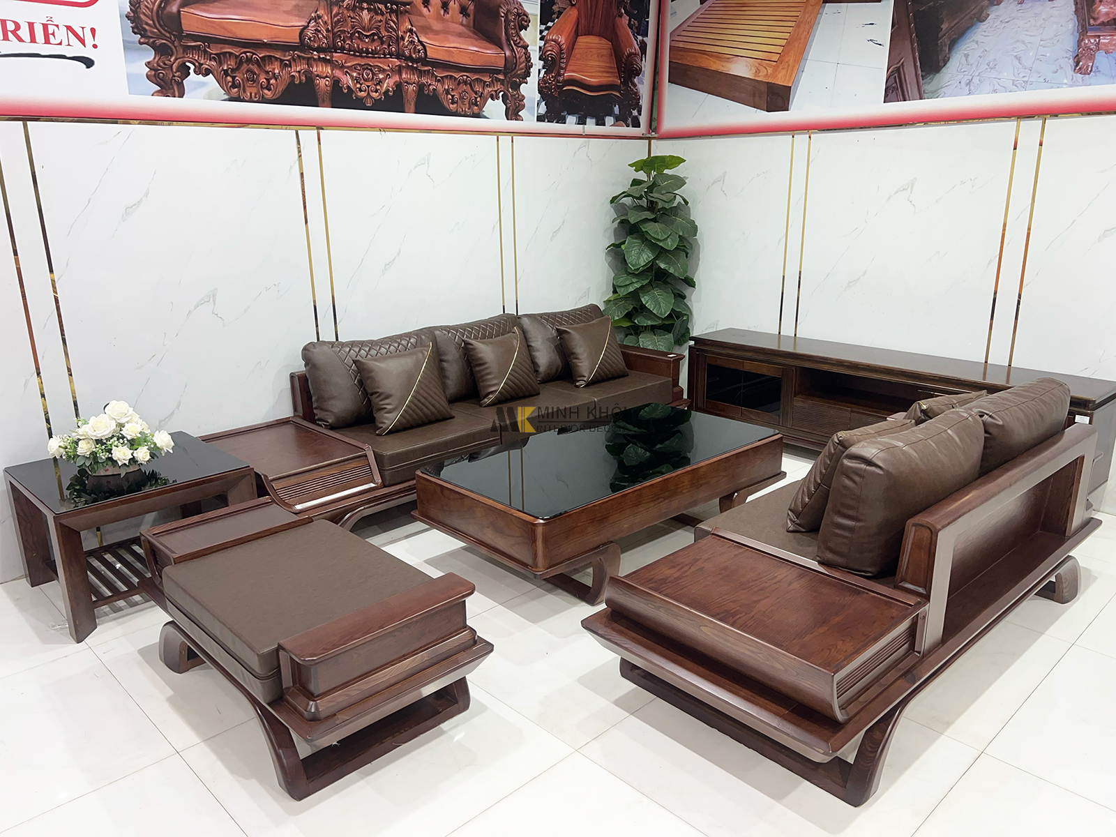Sofa Gỗ Sồi Màu Óc Chó 5 Món Chân Thuyền Có Nệm - SF2021-9052