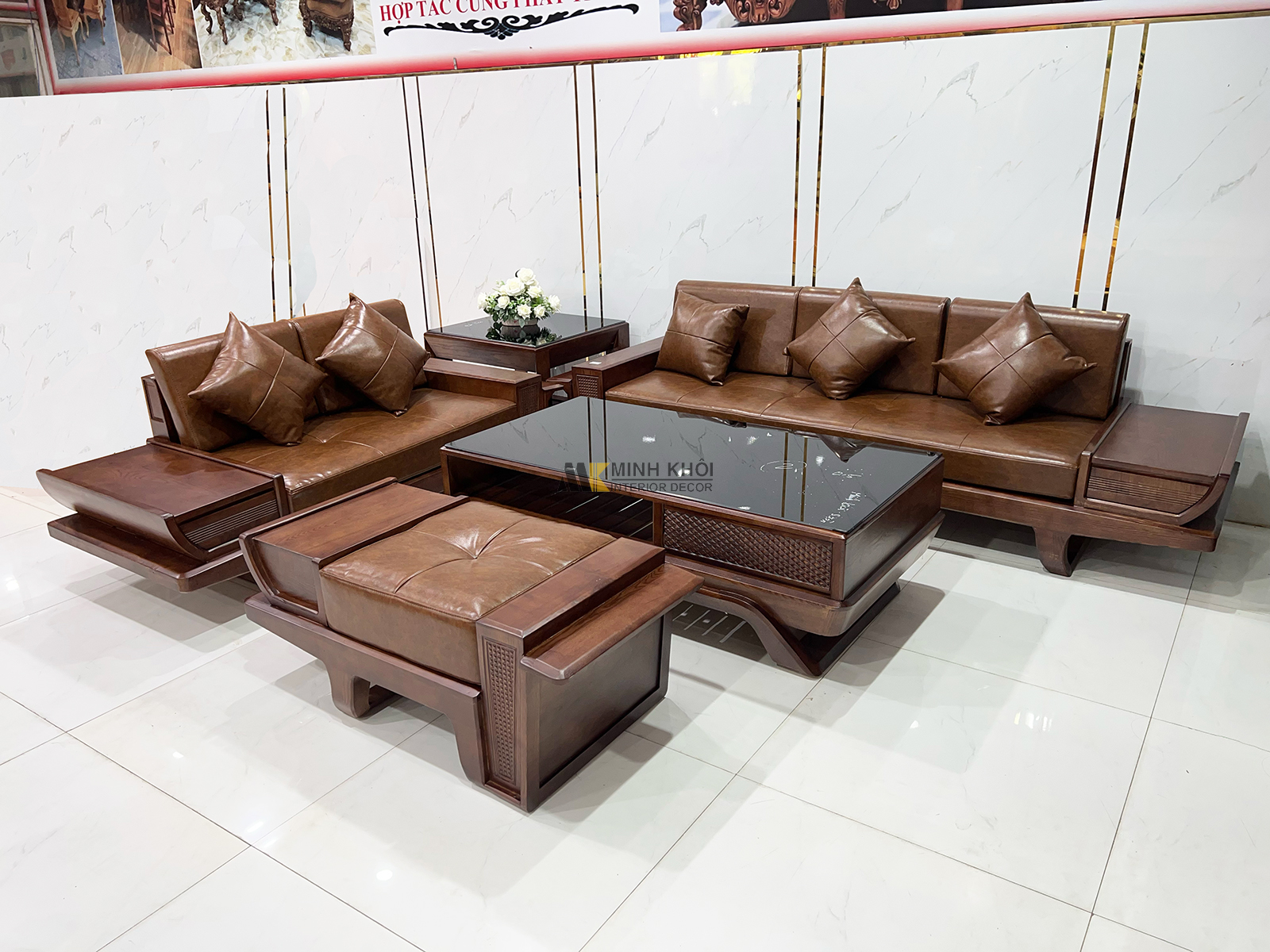 Sofa Gỗ Sồi Màu Óc Chó 5 Món Thiết Kế Đối Có Nệm - SF2021-905