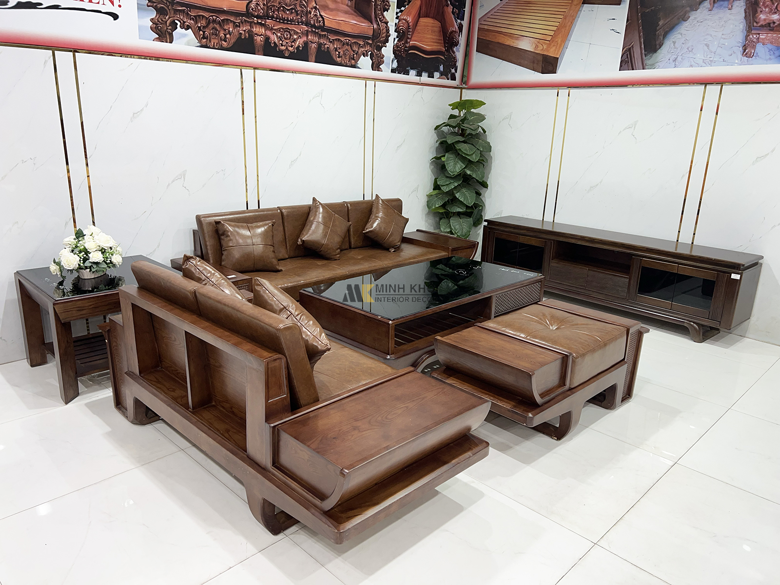 Sofa Gỗ Sồi Màu Óc Chó 5 Món Thiết Kế Đối Có Nệm - SF2021-905