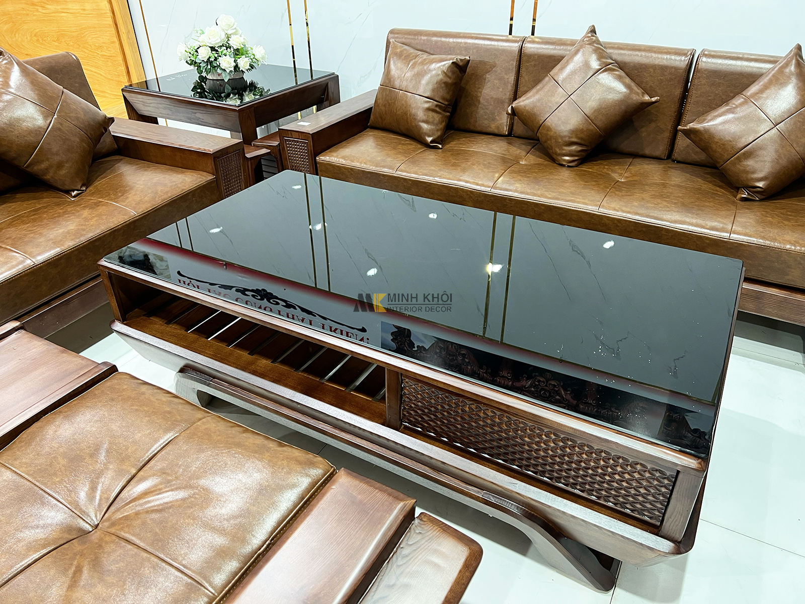 Sofa Gỗ Sồi Màu Óc Chó 5 Món Thiết Kế Đối Có Nệm - SF2021-905