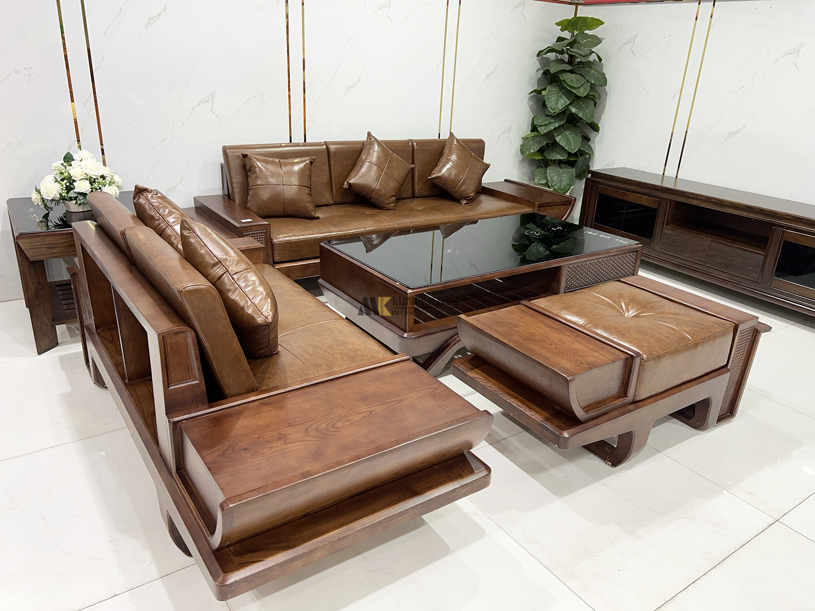 Sofa Gỗ Sồi Màu Óc Chó 5 Món Thiết Kế Đối Có Nệm - SF2021-905