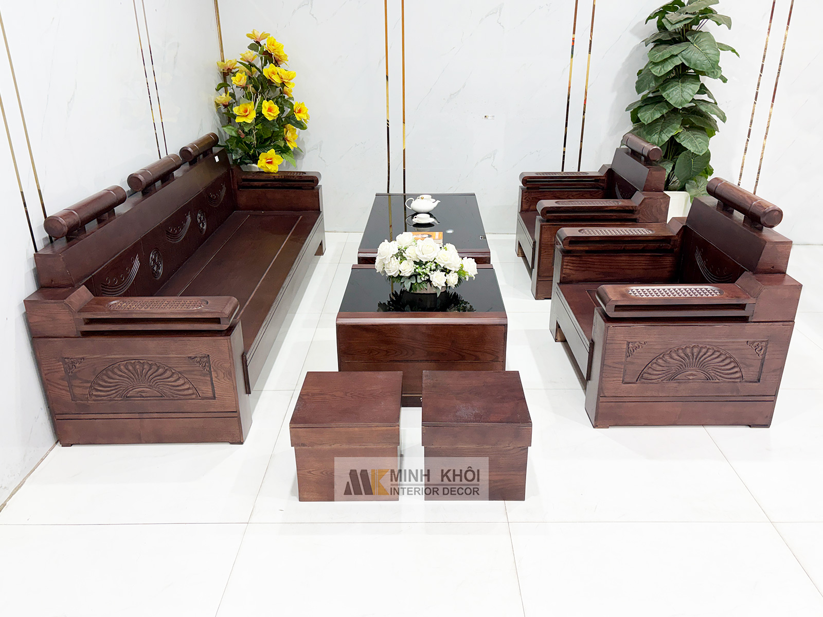 Sofa Gỗ Sồi Phủ Óc Chó Đối 7 Món Kiểu Tàu - SF940