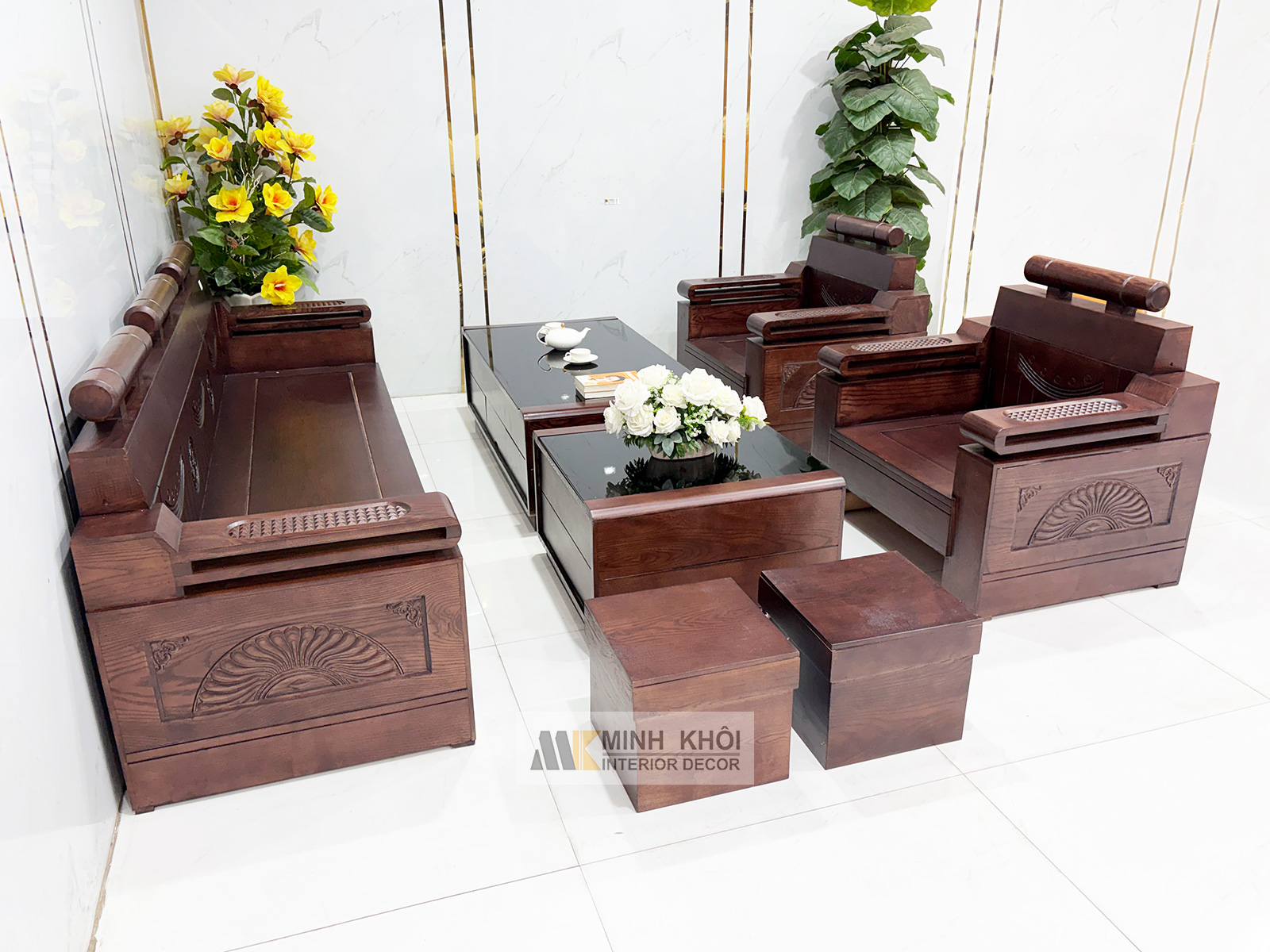 Sofa Gỗ Sồi Phủ Óc Chó Đối 7 Món Kiểu Tàu - SF940