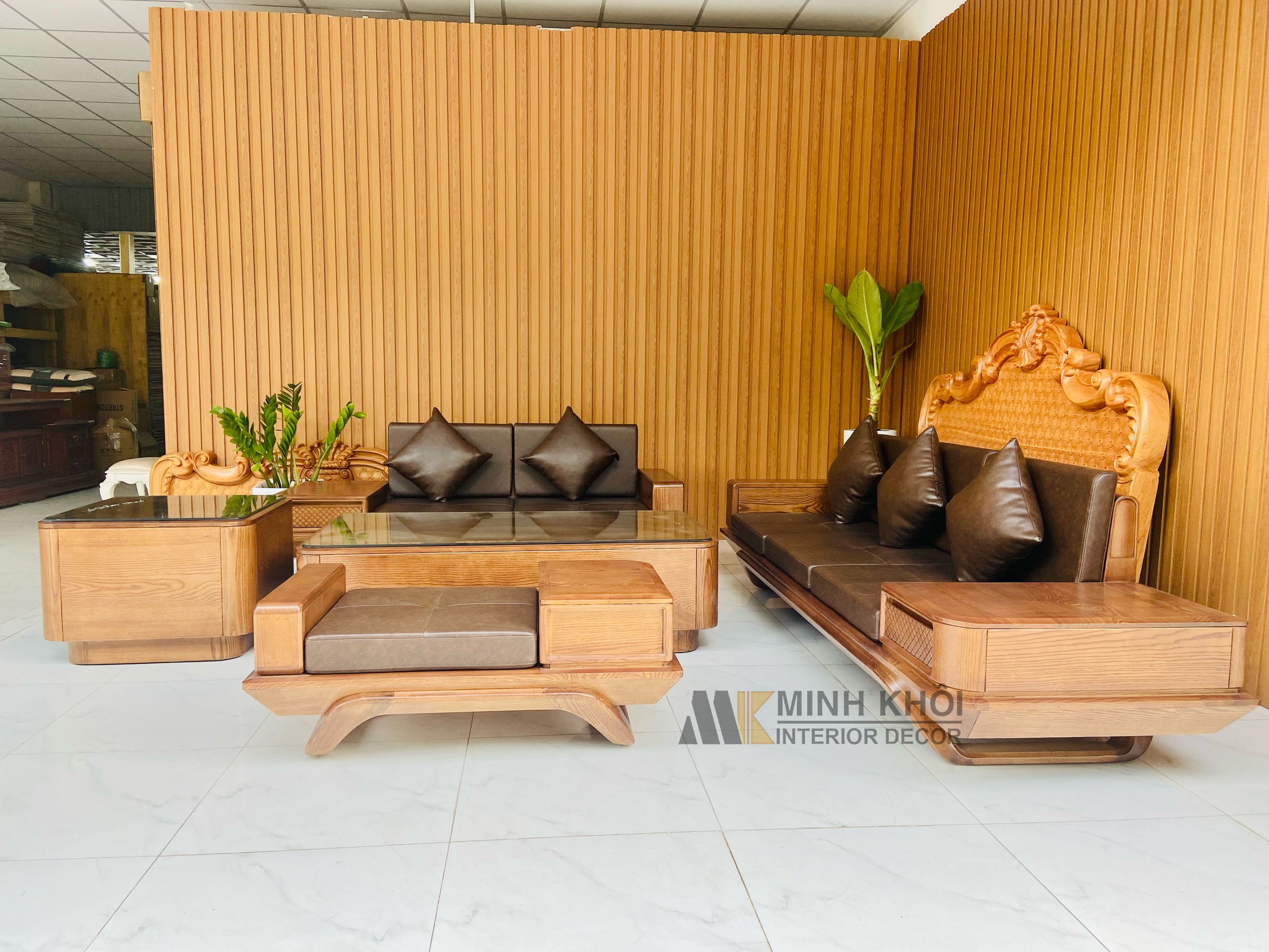 Sofa Gỗ Sồi Sơn Màu Óc Chó 5 Món - SF233G
