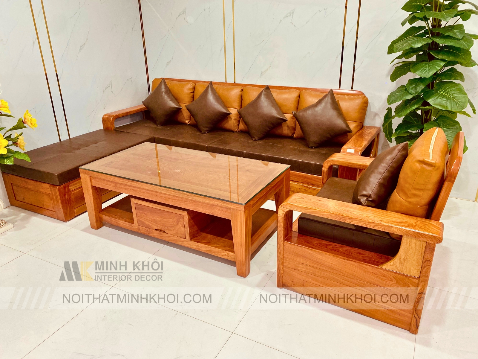 Sofa Góc Gỗ Hương Đá 4 Món Cao Cấp - SF959