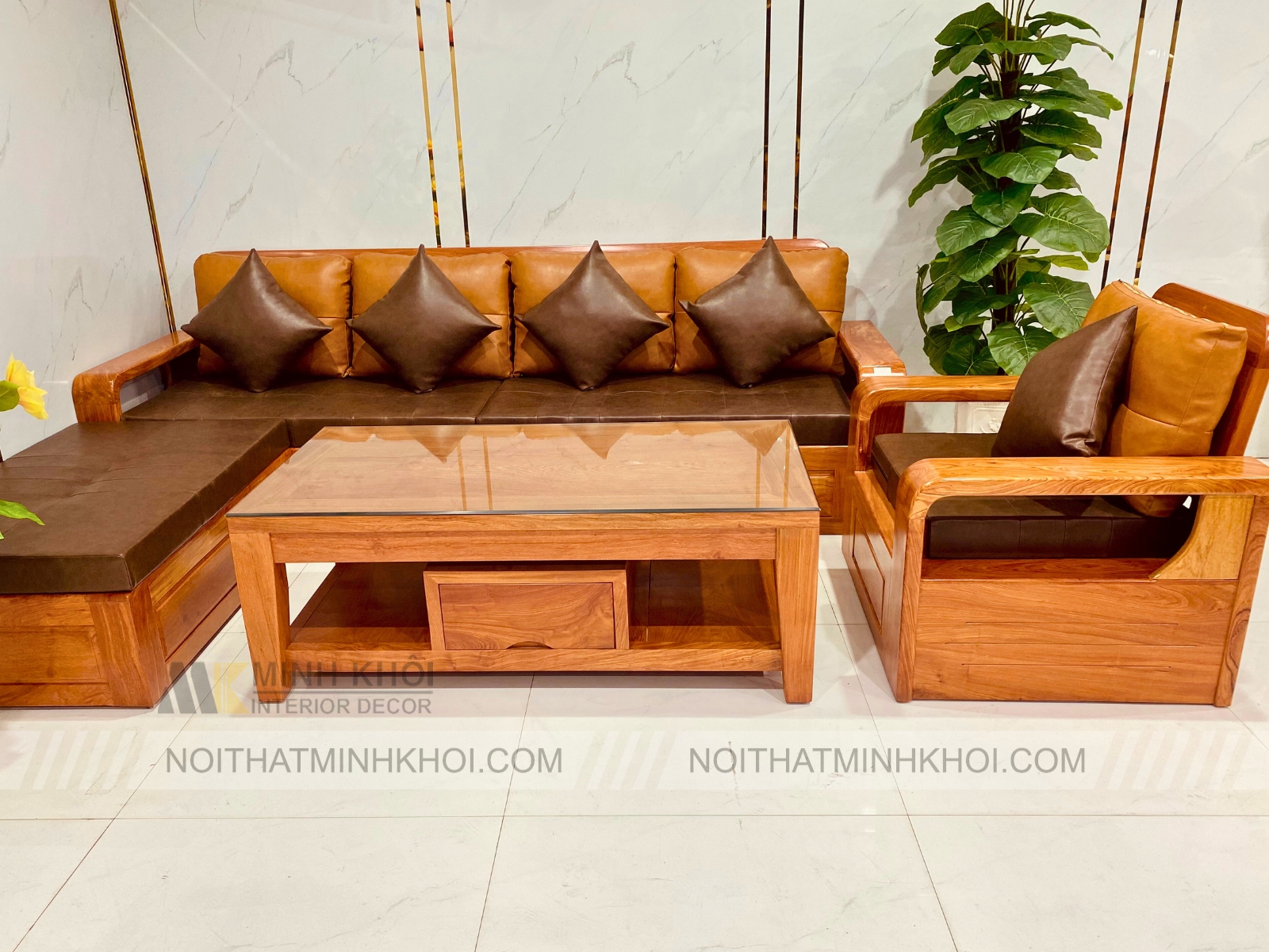 Sofa Góc Gỗ Hương Đá 4 Món Cao Cấp - SF959