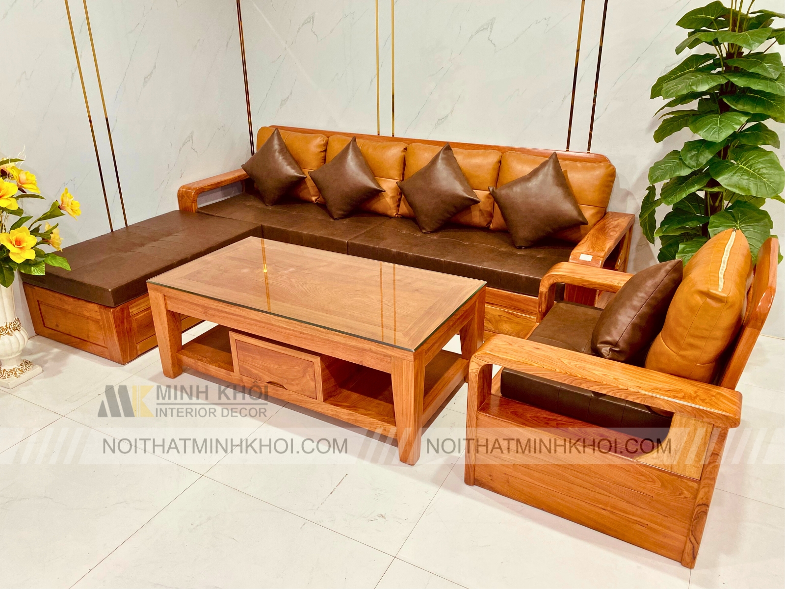Sofa Góc Gỗ Hương Đá 4 Món Cao Cấp - SF959
