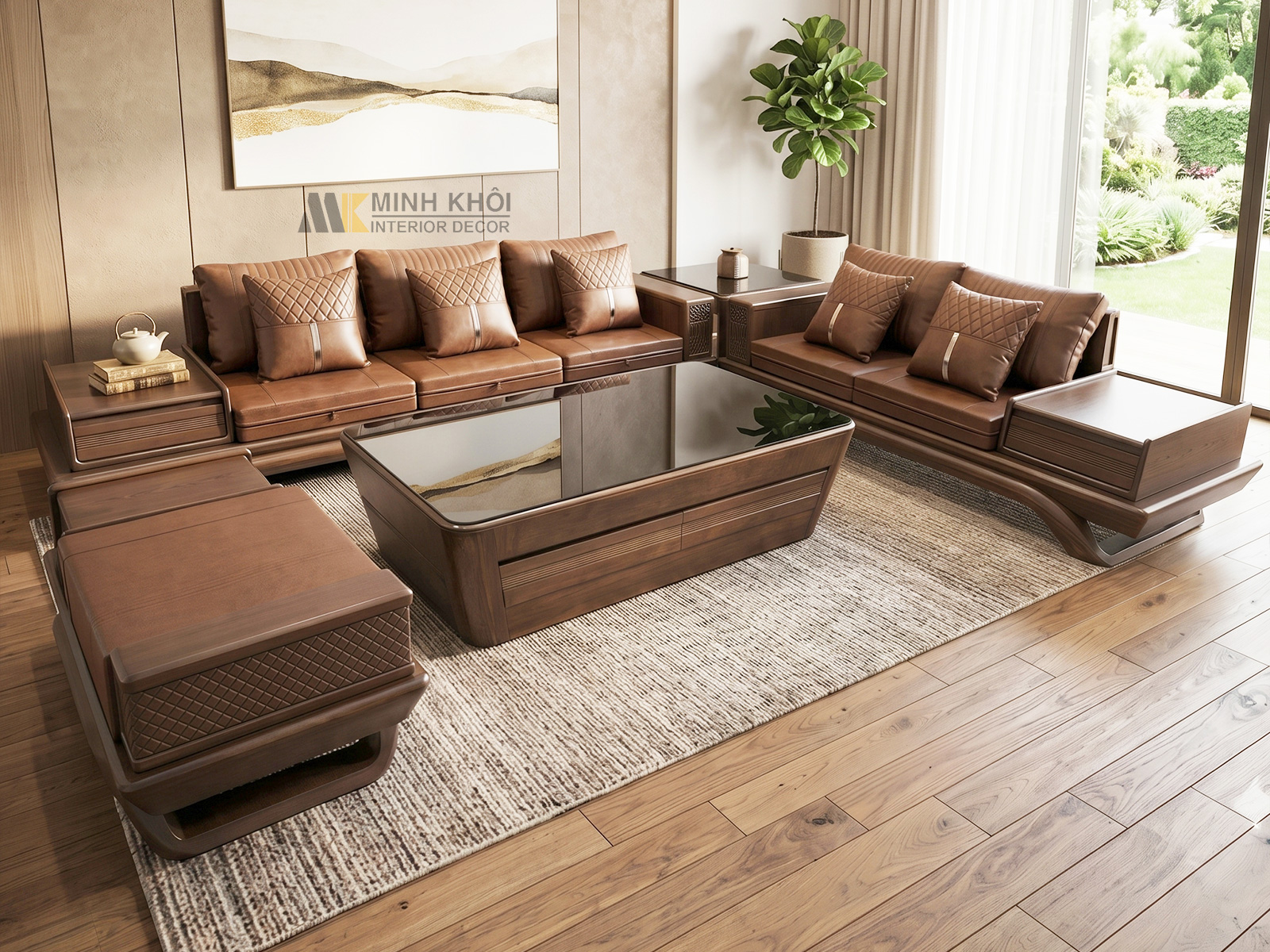 Sofa Góc Gỗ Sồi Màu Óc Chó Hiện Đại - SF897