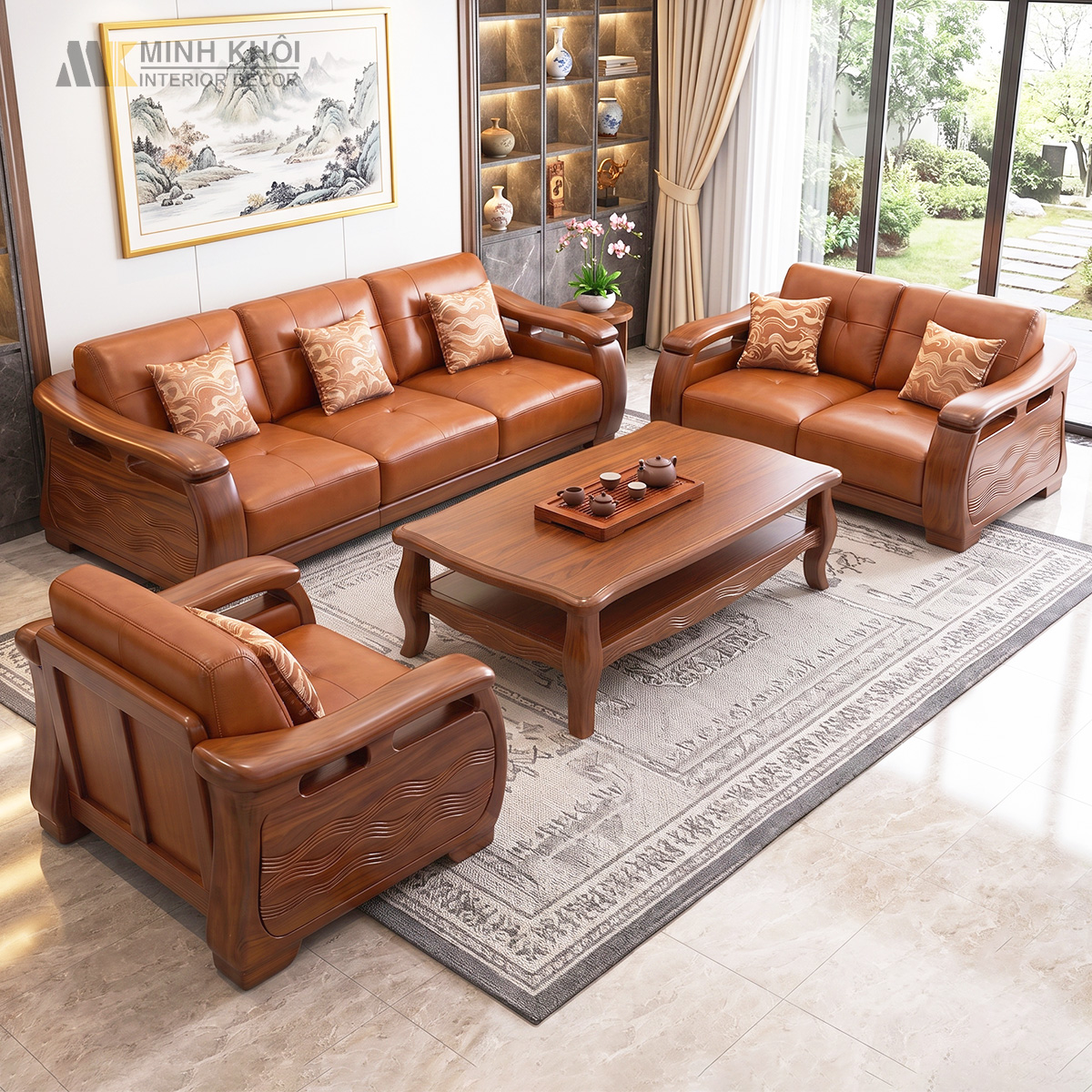 Sofa Hiện Đại Gỗ Gõ Đỏ Tay Vòm Sóng - SF864