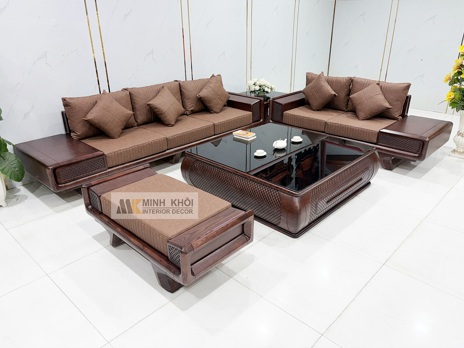 Sofa Gỗ Sồi Phủ Óc Chó Bàn Vuông 5 Món - SF980