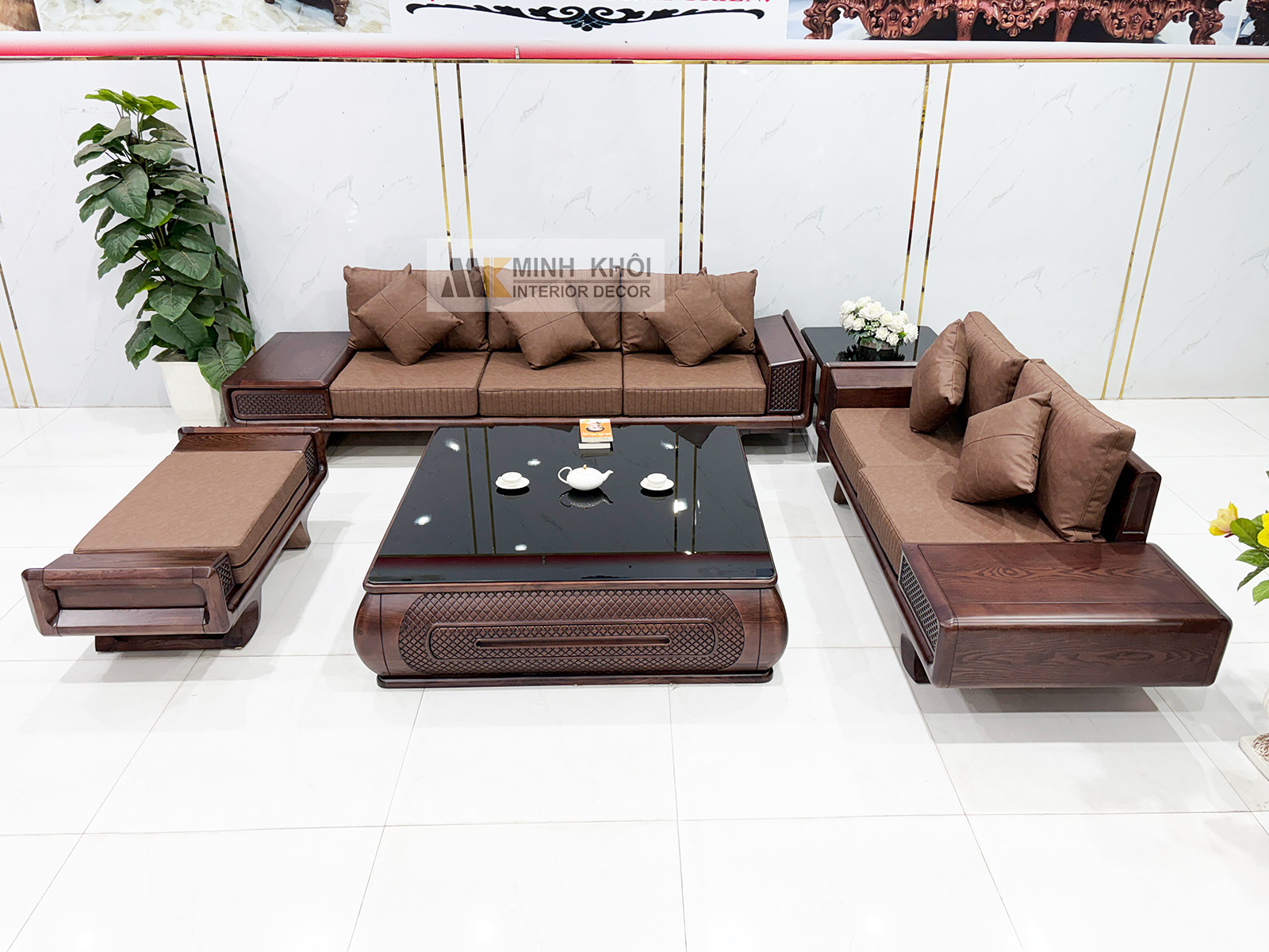Sofa Gỗ Sồi Phủ Óc Chó Bàn Vuông 5 Món - SF980