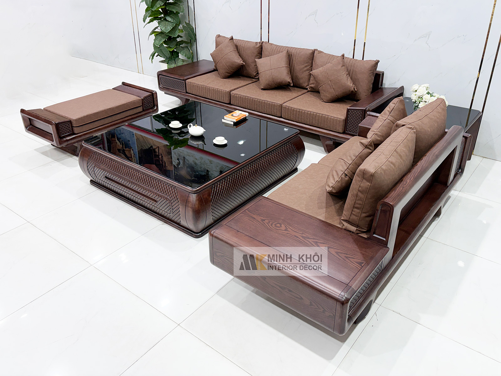 Sofa Gỗ Sồi Phủ Óc Chó Bàn Vuông 5 Món - SF980