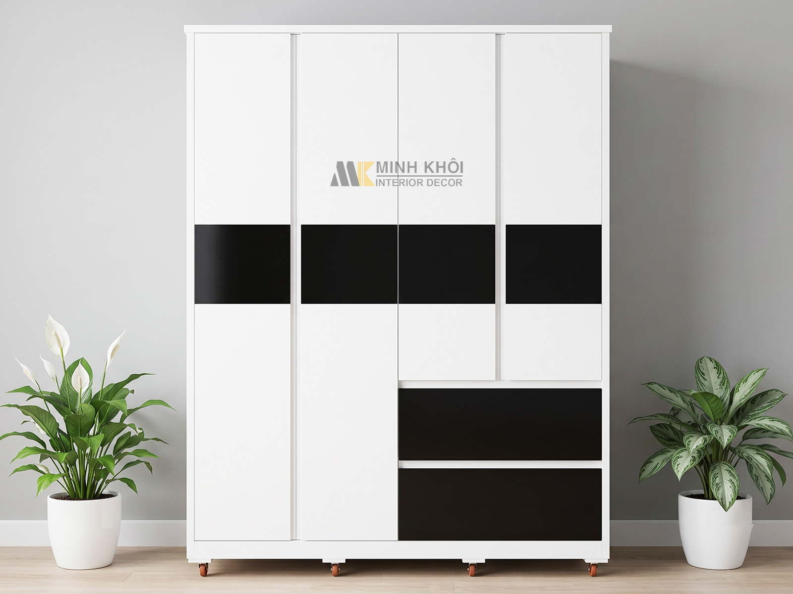 Tủ Quần Áo Gỗ MDF Màu Trắng Chỉ Đen - TA670