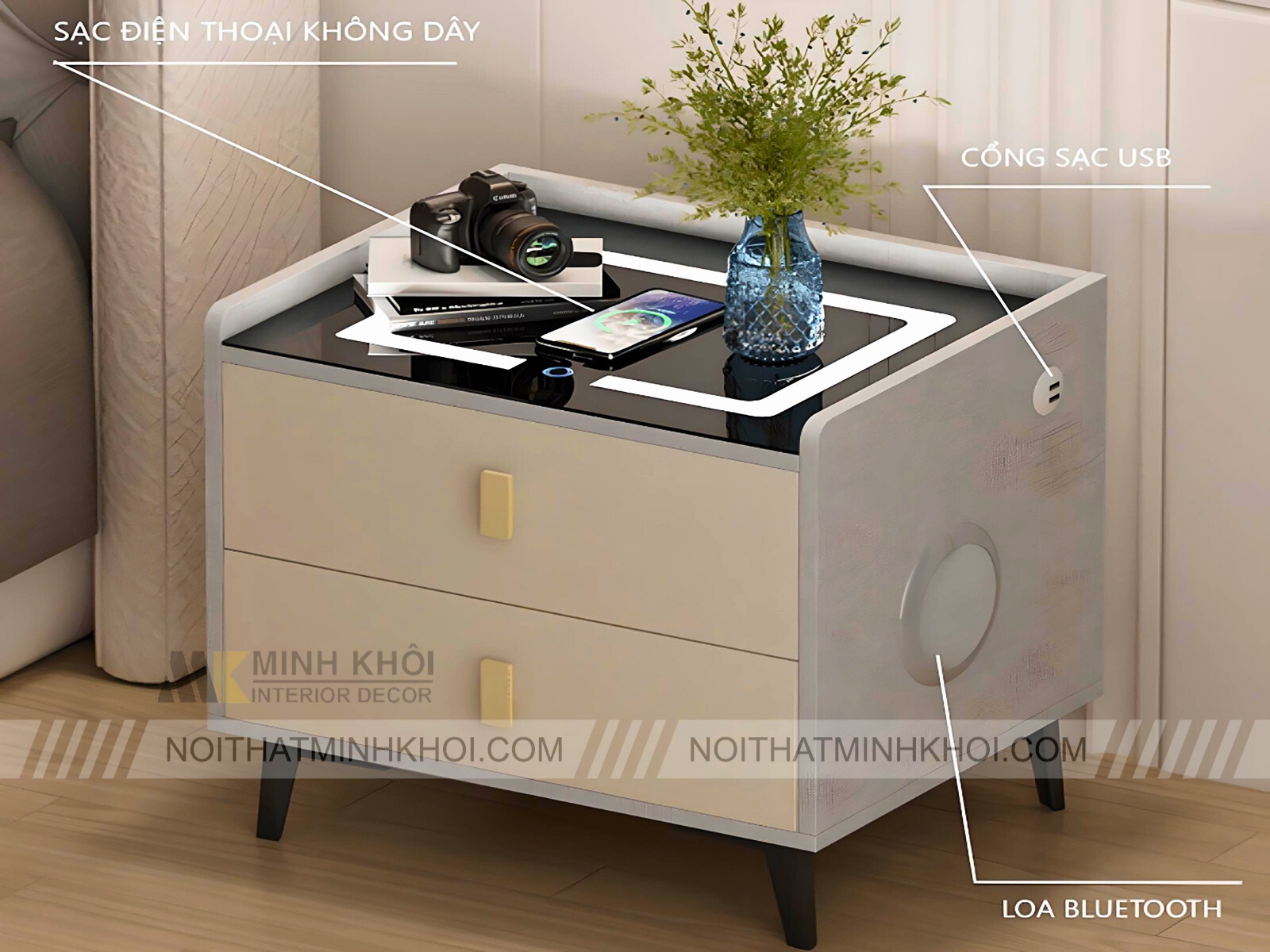 Táp Đầu Giường MDF Thông Minh Có Sạc Không Dây - TDG017