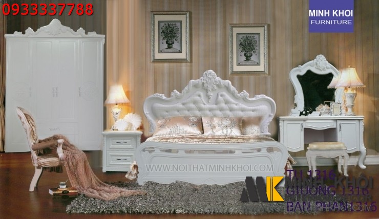 Giường ngủ gỗ công nghiệp màu trắng có thiết kế cổ điển