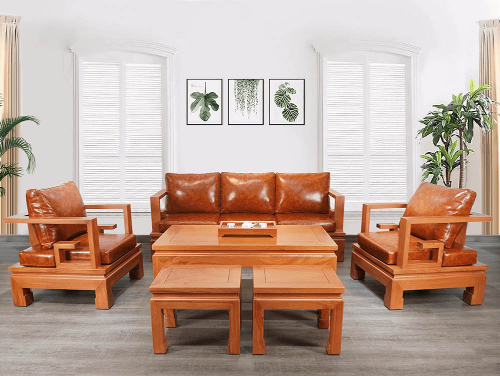 Bộ bàn ghế gỗ gõ đỏ bọc da độc đáo