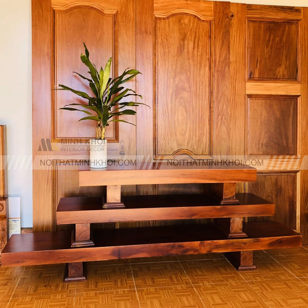 Kệ tivi 3 tầng bằng gỗ màu nâu đậm thiết kế tối giản vững chắc