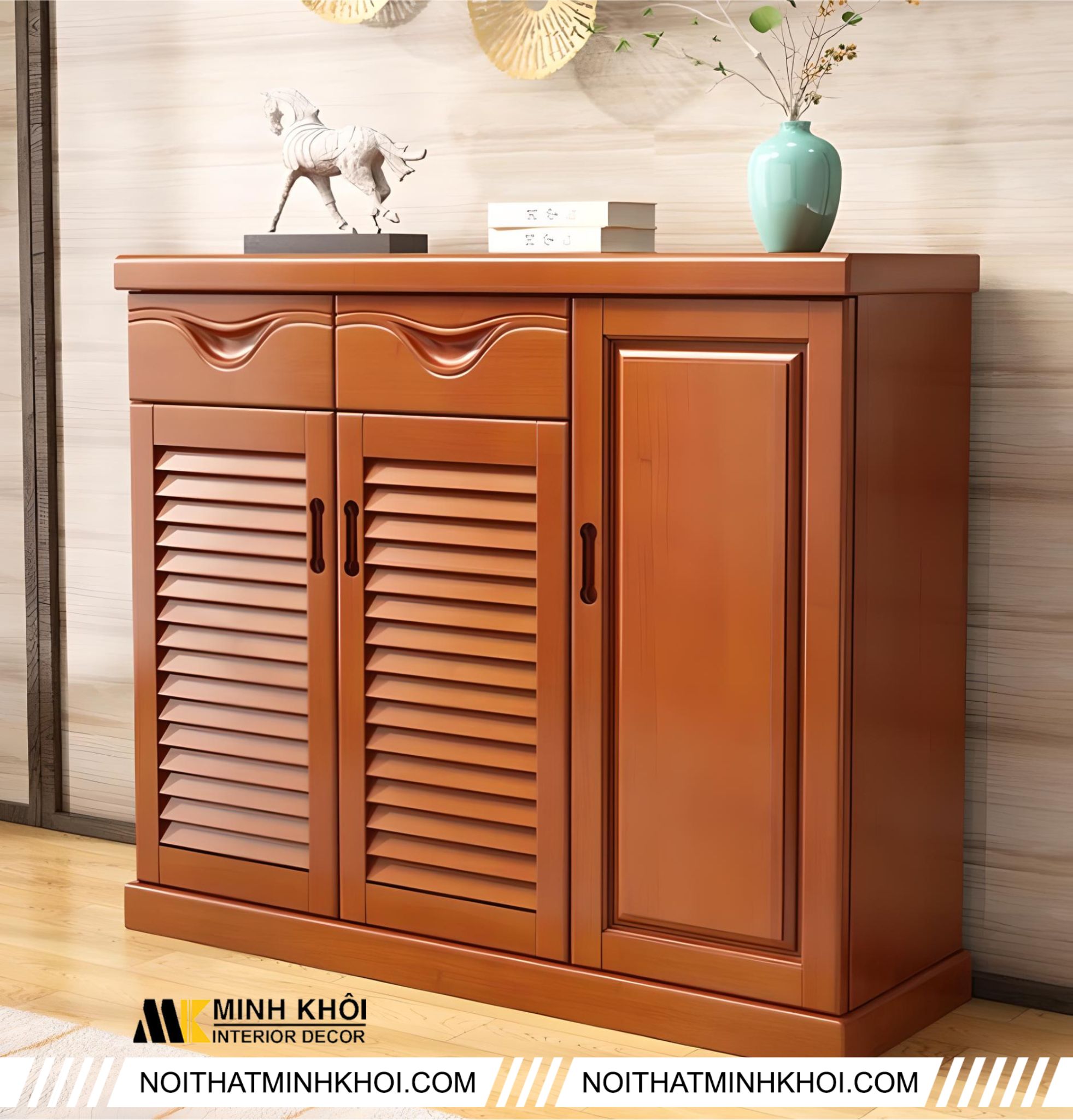Mẫu tủ giày dép làm bằng gỗ tự nhiên mang đến sự sang trọng, tinh tế cho không gian nhà ở