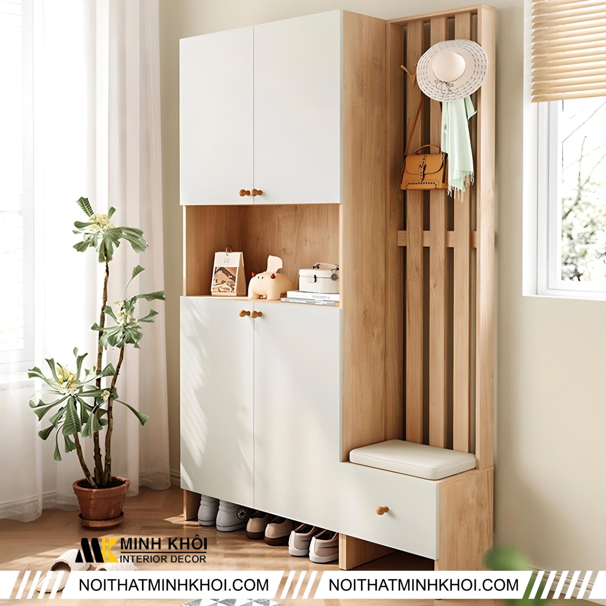 Tủ giày dép thiết kế đi kèm với ghế ngồi