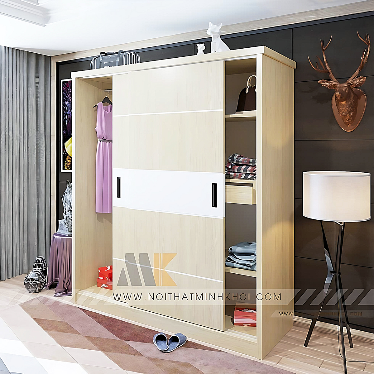 Tủ Áo 2 Cánh Cửa Lùa MDF Màu Gỗ Sồi - TA660
