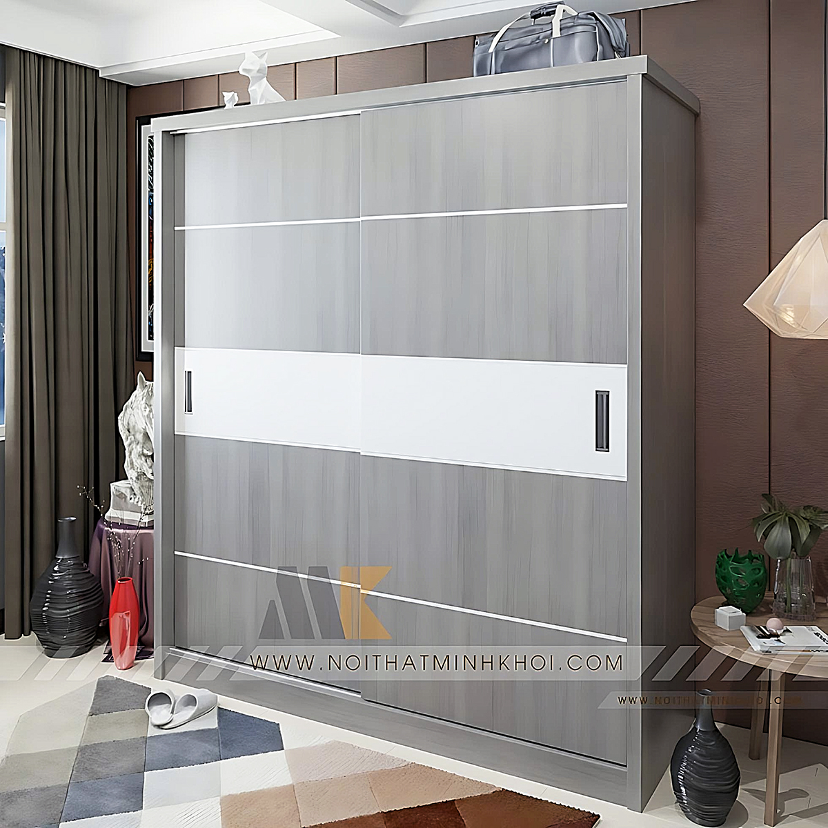 Tủ Áo 2 Cánh Cửa Lùa MDF Màu Sồi Xám - TA661