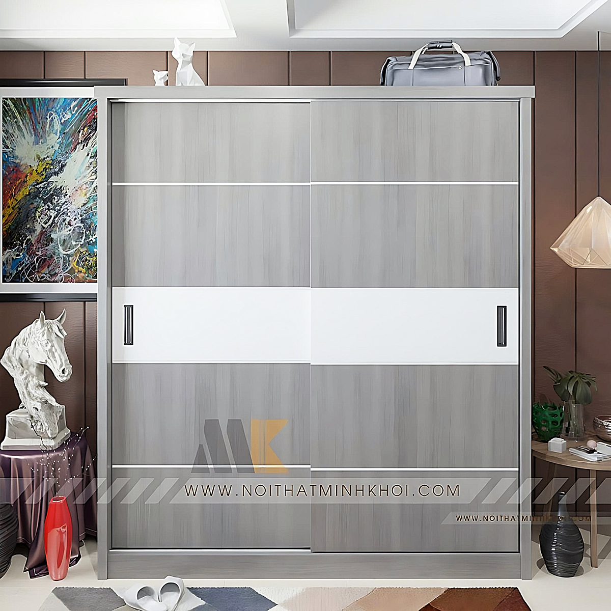 Tủ Áo 2 Cánh Cửa Lùa MDF Màu Sồi Xám - TA661