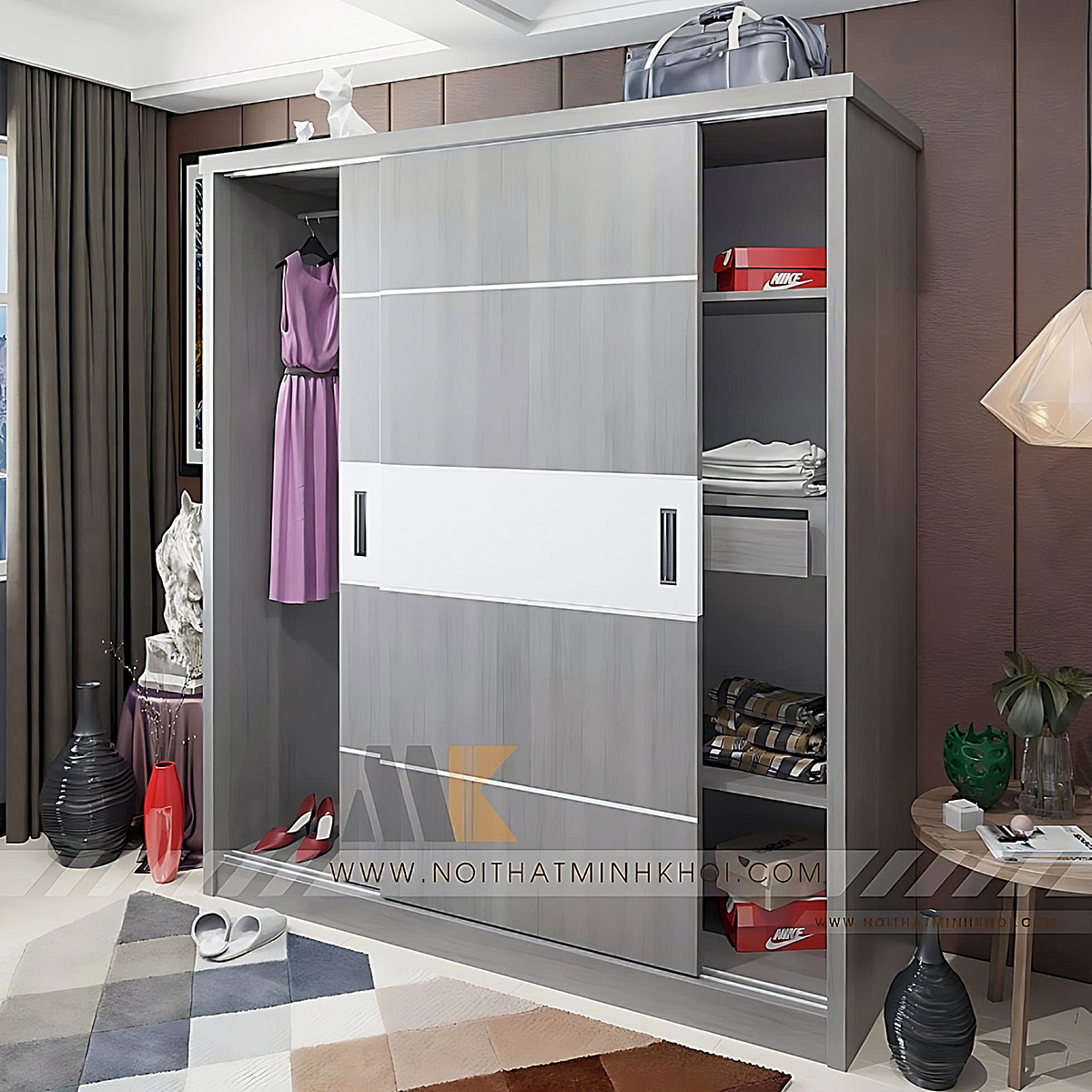 Tủ Áo 2 Cánh Cửa Lùa MDF Màu Sồi Xám - TA661