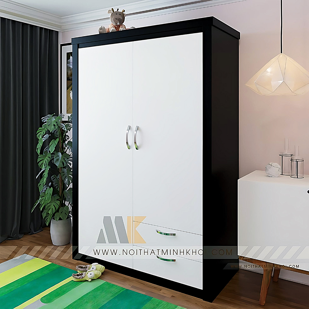 Tủ Áo 2 Cánh MDF Hiện Đại Màu Đen Trắng - TA645