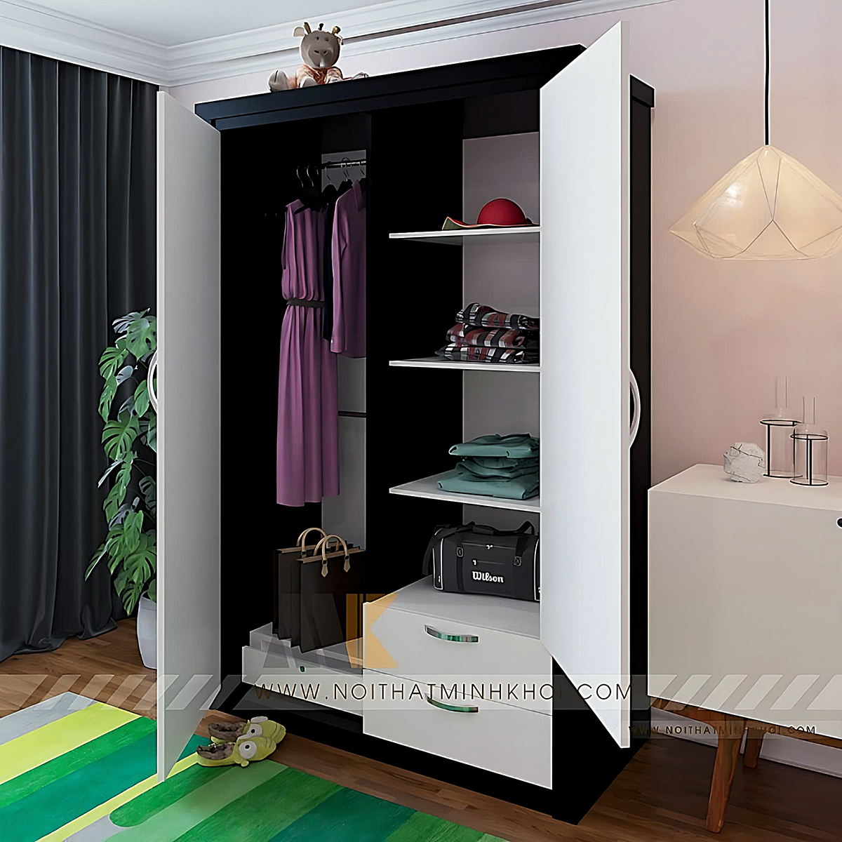 Tủ Áo 2 Cánh MDF Hiện Đại Màu Đen Trắng - TA645