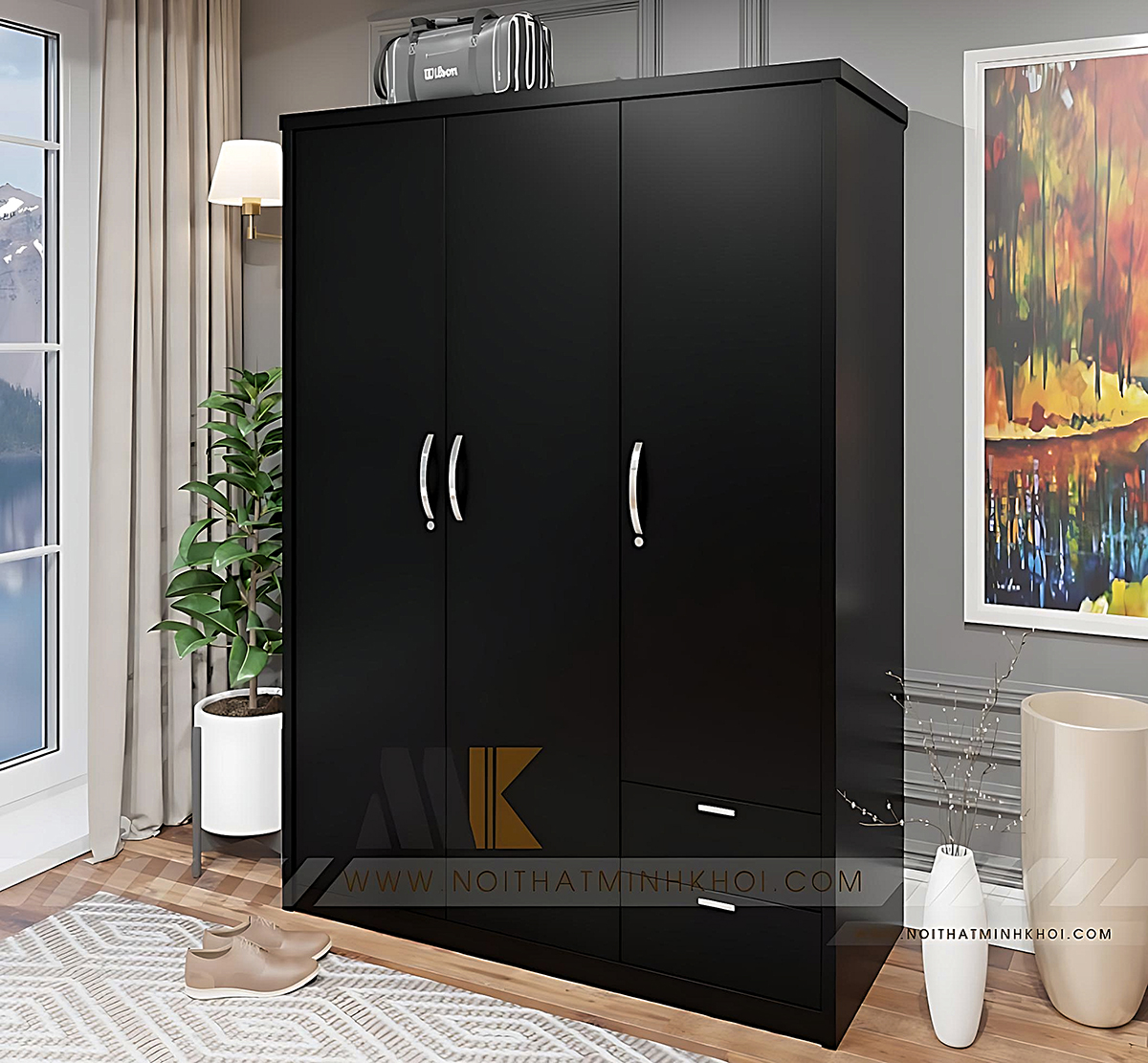 Tủ Áo 3 Cánh MDF Màu Đen Sang Trọng - TA650