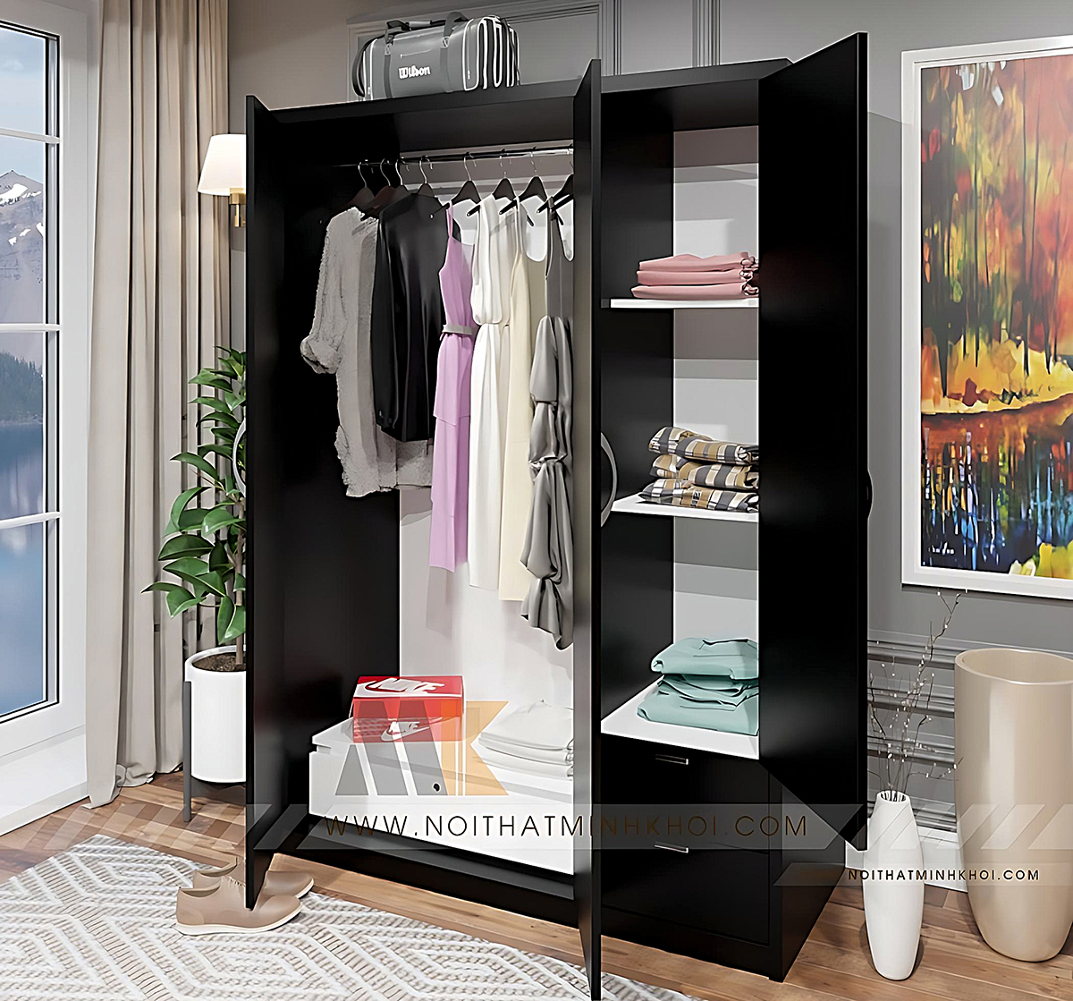 Tủ Áo 3 Cánh MDF Màu Đen Sang Trọng - TA650