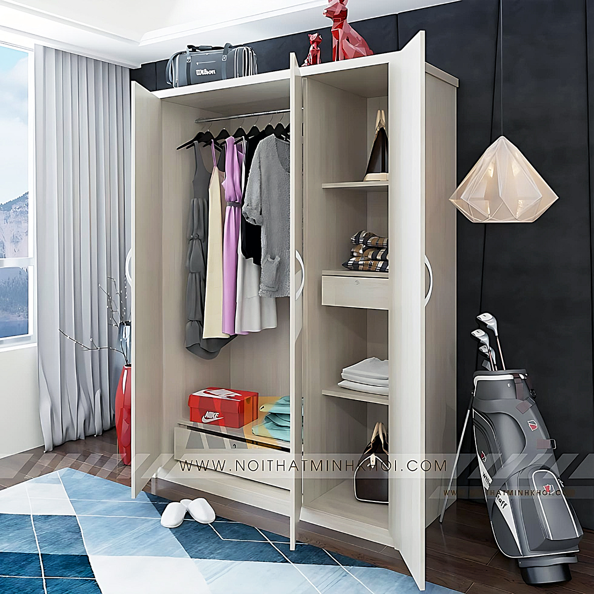 Tủ Áo 3 Cánh MDF Hiện Đại Màu Kem - TA657