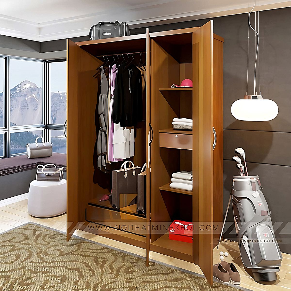 Tủ Áo 3 Cánh MDF Màu Gỗ Xoan Đào - TA654