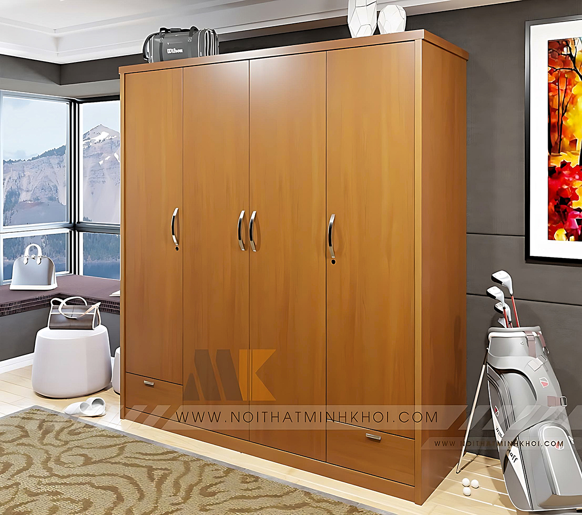 Tủ Áo 4 Cánh Màu Gỗ Xoan Đào - TA669